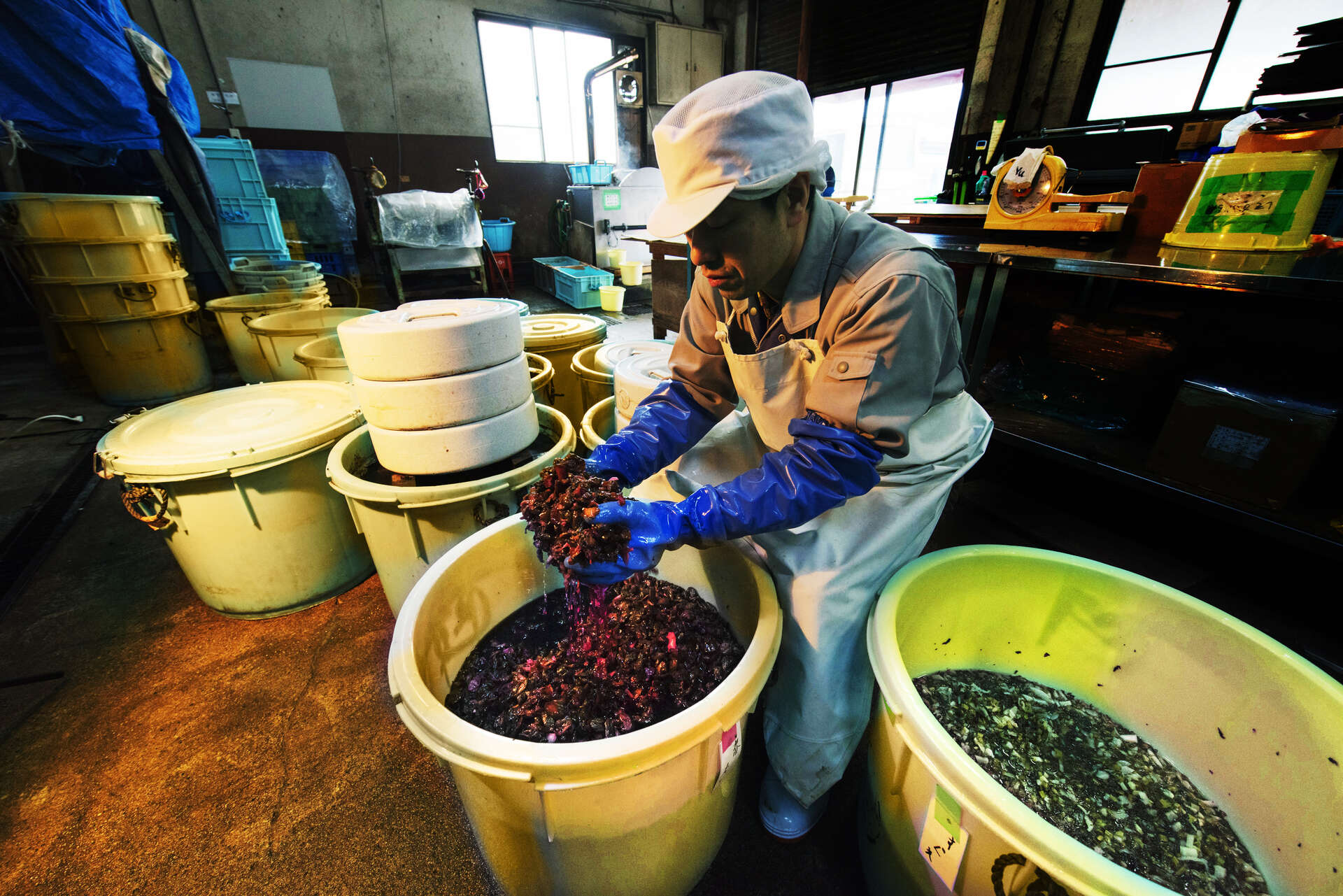 漬物の袋詰め作業を行う現場の写真